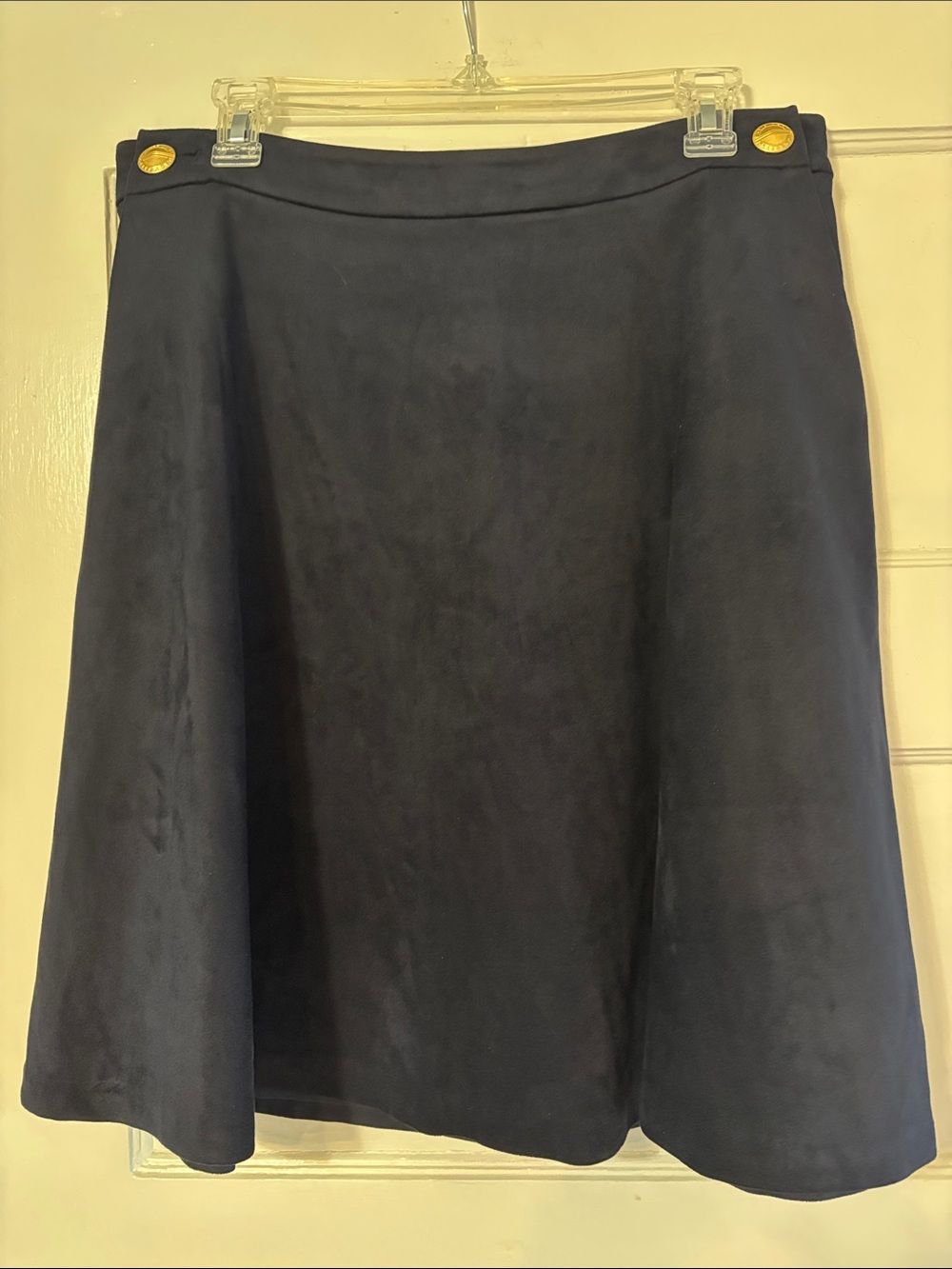 Karl Lagerfeld Navy A-Line Suede Skirt with Gold Button Detail